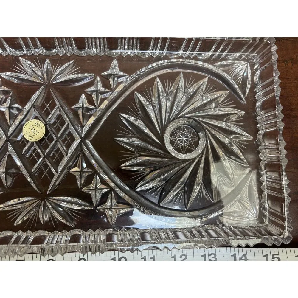 Vintage Slovakia Crystal Serving Plate Poltar Pinwheel Rectangular Platter 15.5